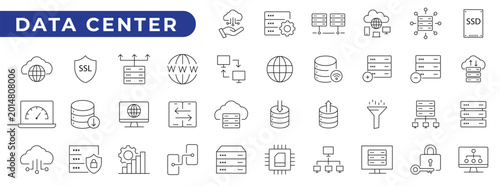 Data Center Line Icon Set featuring cloud computing, server, hosting, cybersecurity, networking, and IT technology. Simple modern vector collection.