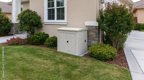 Modern standby home generator installed on a concrete pad outside a residential house for emergency power supply.