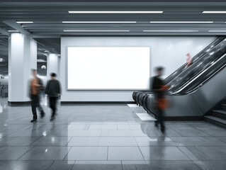 AI-generated image of a wide horizontal blank billboard mockup on a subway wall near escalators with blurred people