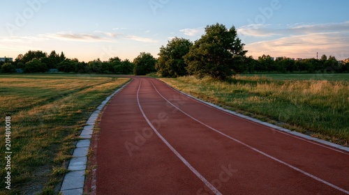 Empty red synthetic running track curves through a lush green field under a warm sunset sky.