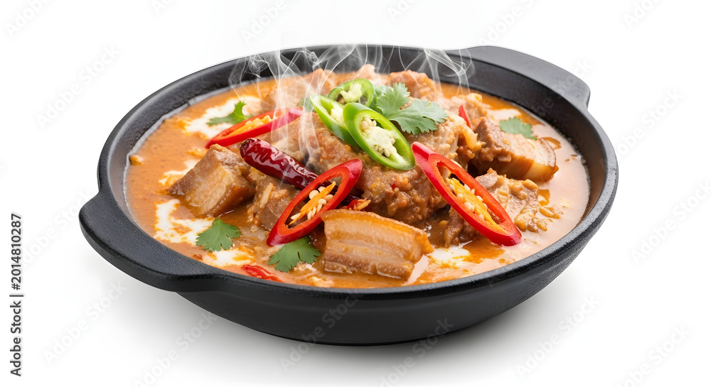 Fototapeta premium Authentic Filipino Bicol Express, a spicy pork stew with coconut milk and chili peppers, isolated on a white background