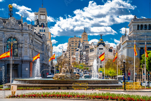 Madrid, Spain. Madrid historic city center architecture and Cibeles fountain view