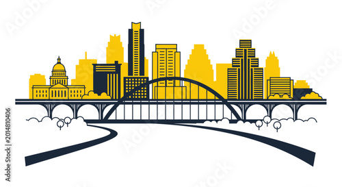 Austin Texas Skyline Silhouette with Congress Avenue Bridge, Flat Design