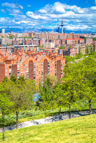 Madrid cityscape and mountains under snow background view