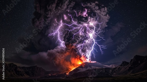 A powerful volcanic eruption at night, illuminated by dramatic purple lightning bolts striking the ash cloud against a dark mountainous landscape.