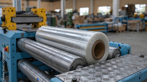 Industrial machine rollers processing transparent plastic film in a modern manufacturing plant.