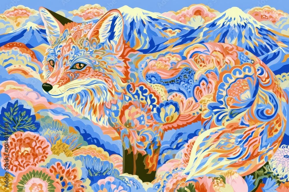Fototapeta premium Vibrant Psychedelic Fox Illustration with Intricate Patterns and Mount