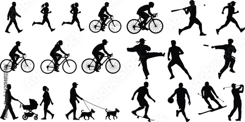 Set of black silhouettes of people doing sports and daily activities