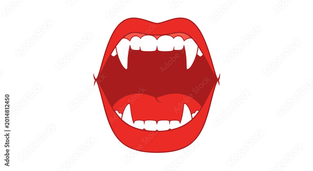 Fototapeta premium Vampire Mouth with Fangs Open - Red Lips, White Teeth, Horror Icon