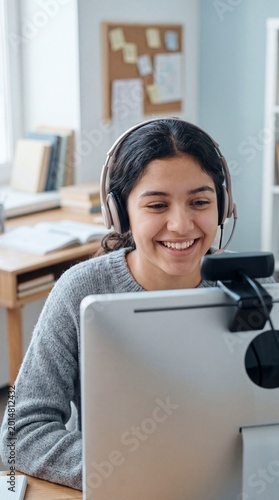 A young female student engaged in a virtual learning session, beaming with happiness as she participates in the interactive online classroom.