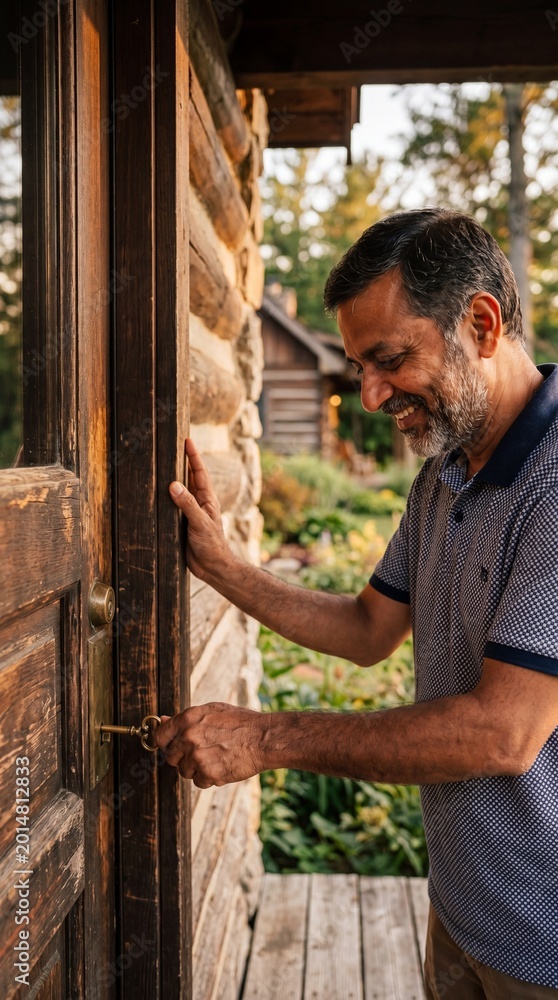 Fototapeta premium A man unlocks the door of his log cabin, embracing the essence of home. Capturing the tranquility of a rustic retreat, the joy of a peaceful moment.