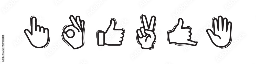 Fototapeta premium Vector icons of various hand gestures in a clean, hand-drawn outline style. The set includes a thumbs up, OK sign, pointing index finger, a pointing hand, a hand pointing downward, and a hand pointing