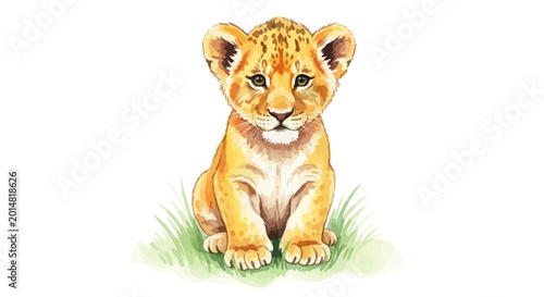 Quadro su tela Adorable Lion Cub Sitting on Green Grass, Watercolor Illustration, Wildlife Baby
