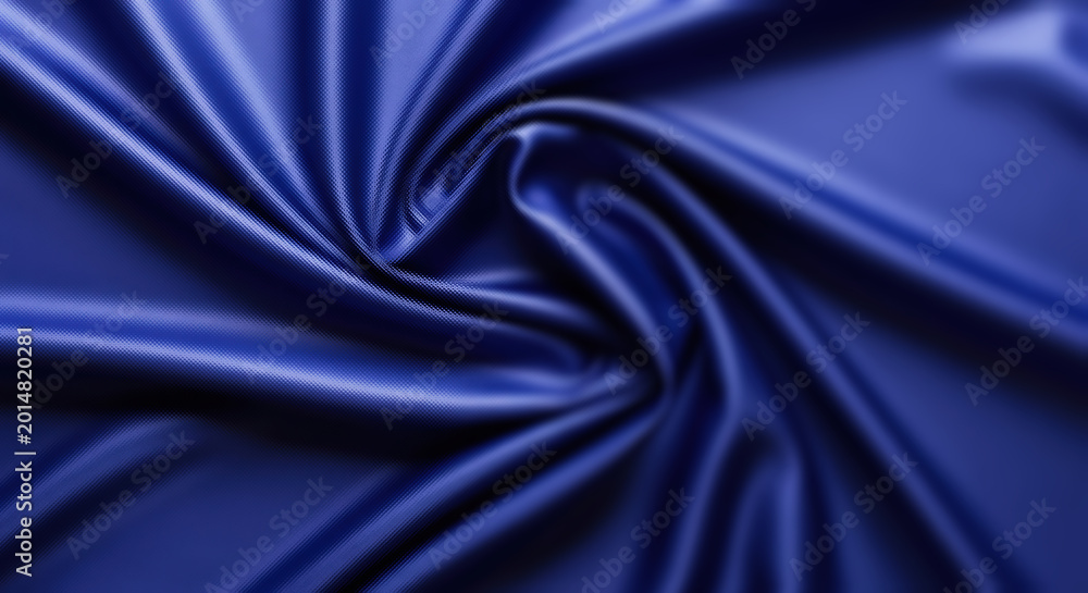 Fototapeta premium Deep blue satin fabric with smooth, flowing folds and reflective sheen, close-up texture
