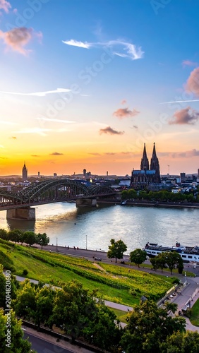 A panoramic view of a city at sunset with a river and bridge
