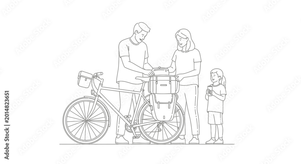 Fototapeta premium Family Preparing for a Bicycle Ride Together on a Sunny Day.