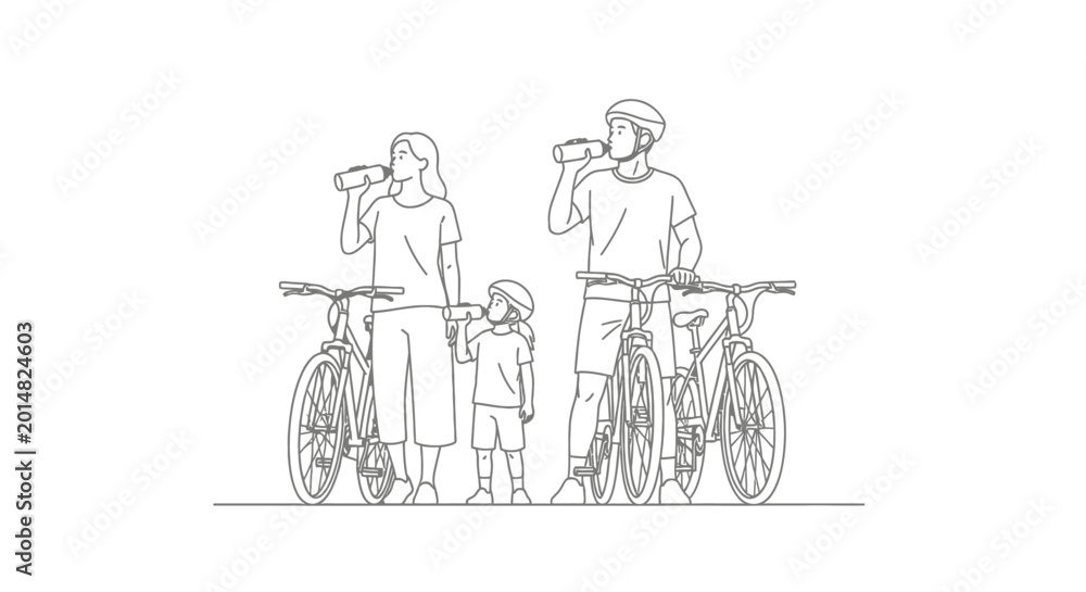 Fototapeta premium Family enjoying refreshing drinks while taking a break from cycling outdoors.