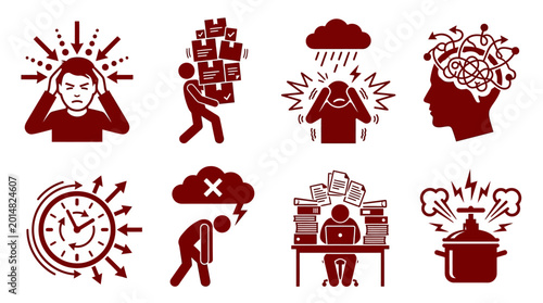 Stressful workplace and personal life icons.