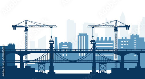 Bridge Construction with Cranes and City Skyline