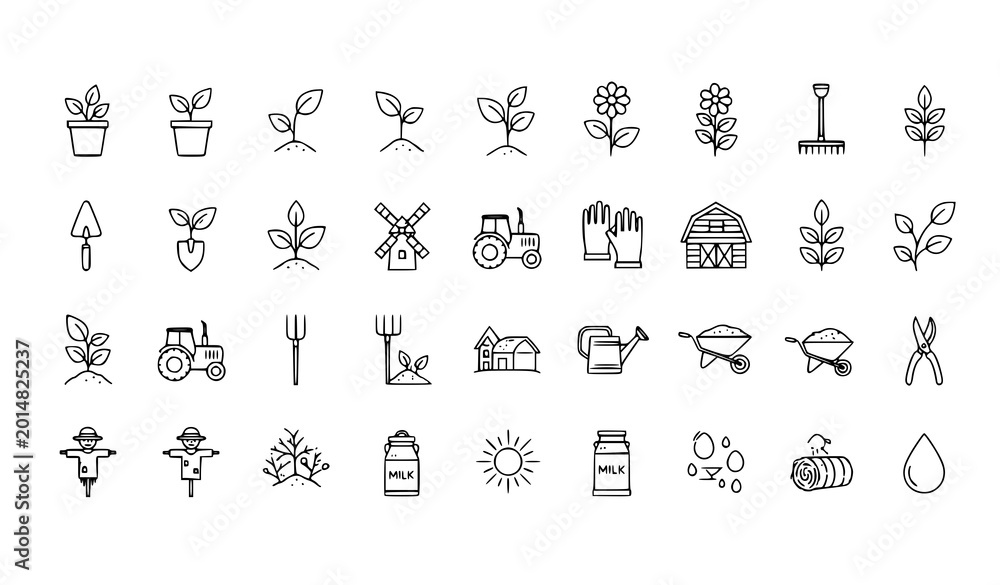 Fototapeta premium Minimal farming gardening line vector icon set agriculture plant and eco symbols