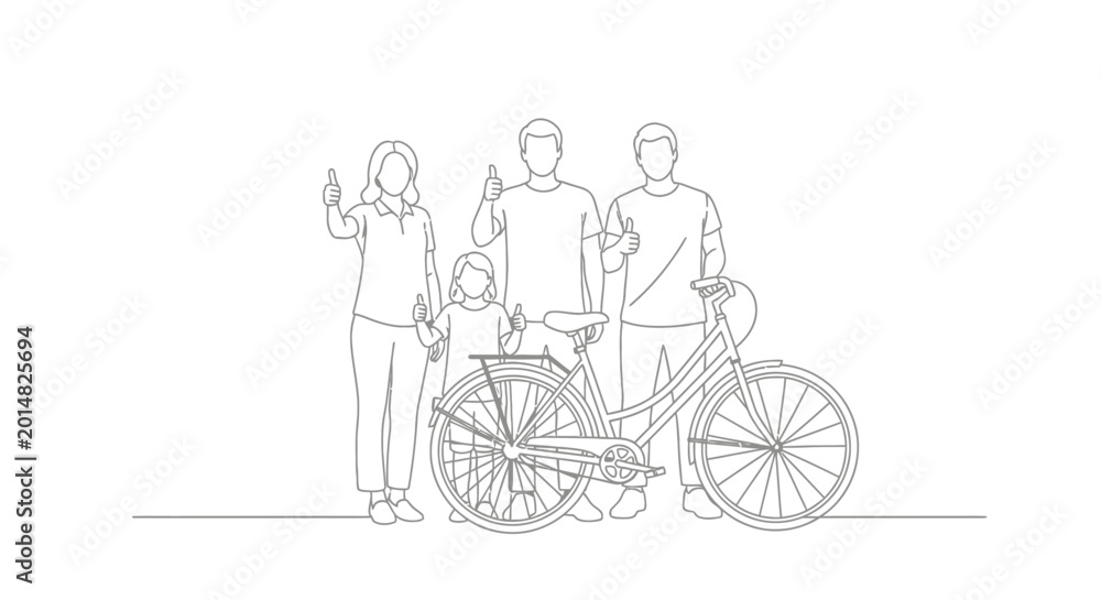 Fototapeta premium Family Posing Together with Bicycle in Line Art Style.