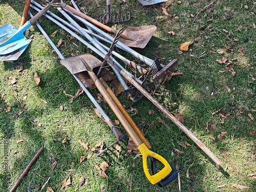 gardening tools on a grass