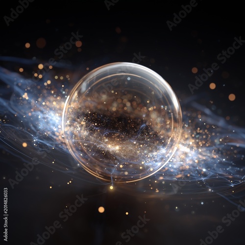 Mysterious Orb: A mesmerizing crystal sphere floats amidst a swirling galaxy of golden particles and ethereal wisps of light, creating an atmosphere of wonder and enchantment.