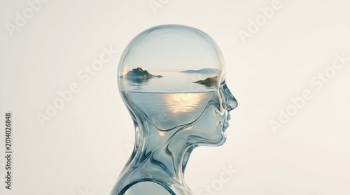 Conceptual Glass Human Head with Serene Ocean Landscape and Sunset Reflection Representing Mindfulness