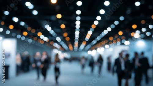 Dynamic people walking through illuminated indoor exhibition with vibrant ceiling lights