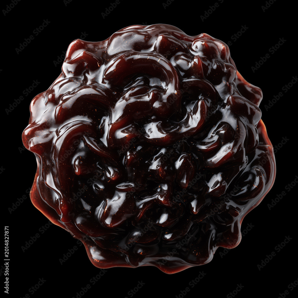 Obraz premium Fresh seasoning oyster sauce swirl isolated on black background with clipping path, concept of condiments and seasoning