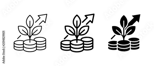 Financial Growth Icons, Investment Plant and Coins, Business Success Vector Graphics, Economic Development Symbols
