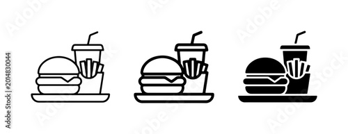Burger and Fries Meal Icons, Fast Food Set, Takeaway Drink Graphics, Simple Outline and Silhouette Styles