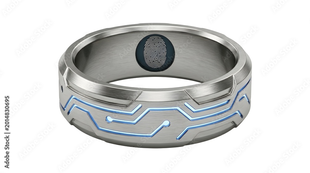 Naklejka premium Futuristic Smart Ring with Biometric Fingerprint Sensor and Blue LED