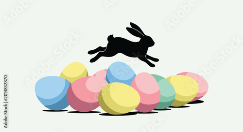 Illustration featuring a black bunny silhouette gracefully jumping over a large pile of colorful pastel Easter eggs on a light background.