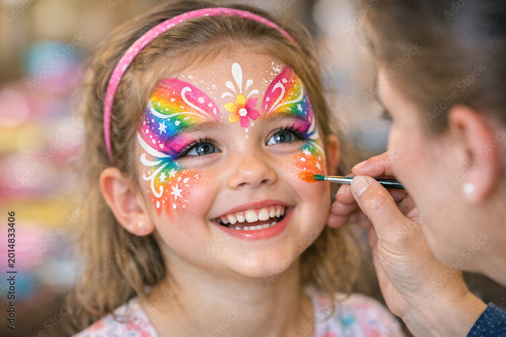 Fototapeta premium A young girl smiling with colorful butterfly face paint applied by an artist.