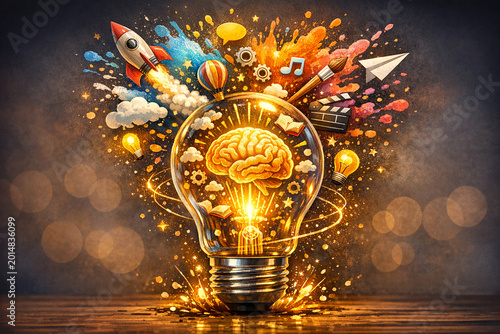 Electricity sparks from a light bulb in the shape of a brain, surrounded by a burst of creativity symbolized by icons such as a rocket ship, gears, musical notes, and stars.