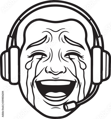 Happy crying face with headset laughing and tears of joy on face vector sketch art style for a comic character logo icon