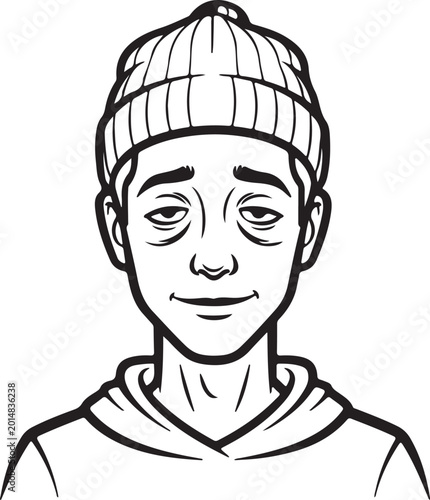 Line drawing of a smiling young man wearing a beanie isolated