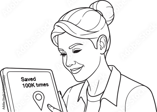 Woman looking at tablet with location pin and saved times text on screen