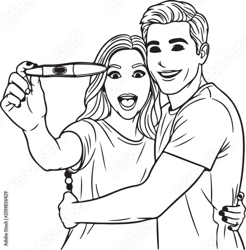 Young couple smiling happy together after seen the pregnancy test result