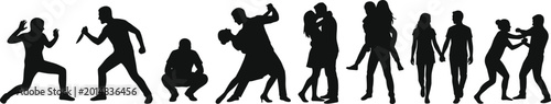 Photos People silhouettes set showing crime violence conflict romance and relationships