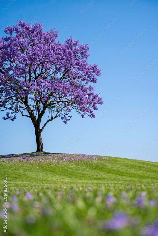 Naklejka premium Generated AI set photos Majestic Jacaranda tree blooming with vibrant purple flowers on a serene green hill