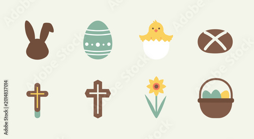 Minimalist collection of eight simple Easter holiday icons including bunny eggs chick cross and spring flowers.