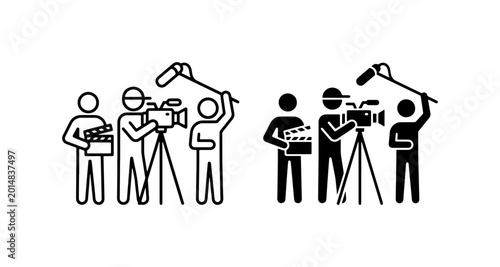 Film Crew Icon Set, Movie Production Pictograms, Video Recording Team, Cinema Making Symbols, Black and White Vector Graphics for Media and Entertainment
