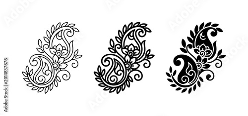Paisley Motifs Vector Set, Traditional Indian Floral Designs, Decorative Ethnic Ornaments, Black and White Ornamental Patterns