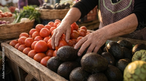 A hands touch fresh Tomatoes and Avocado at market. Focus on produce display with customer interaction.  
