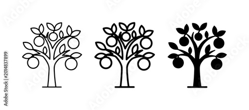 Fruit Tree Icons Set, Simple Line Art and Silhouette Designs for Orchard, Nature, and Growth Concepts