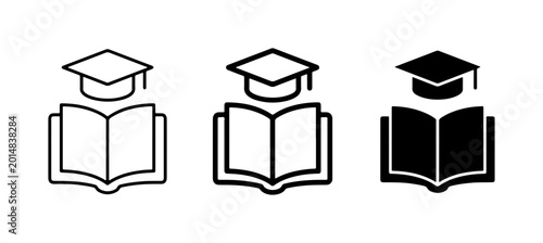 Education Icons Set: Graduation Cap and Open Book Symbols, Academic Knowledge and Learning Concepts, Simple Vector Graphics for Study and School