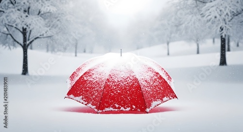 A bright red umbrella covered in fresh white snow sitting in a peaceful park during a cold winter day. parasolka 