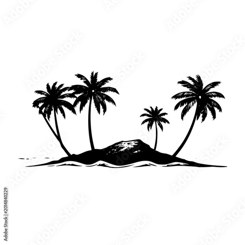 Vector illustration of a serene tropical island silhouette with palm trees on a white background, ideal for travel and tourism designs.
